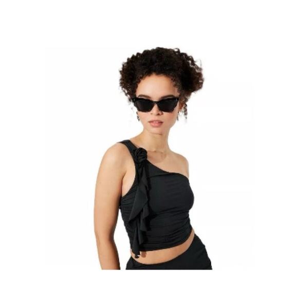 Universal Thread One Shoulder Black Crop With Rosette Detail Medium - Picture 3 of 4